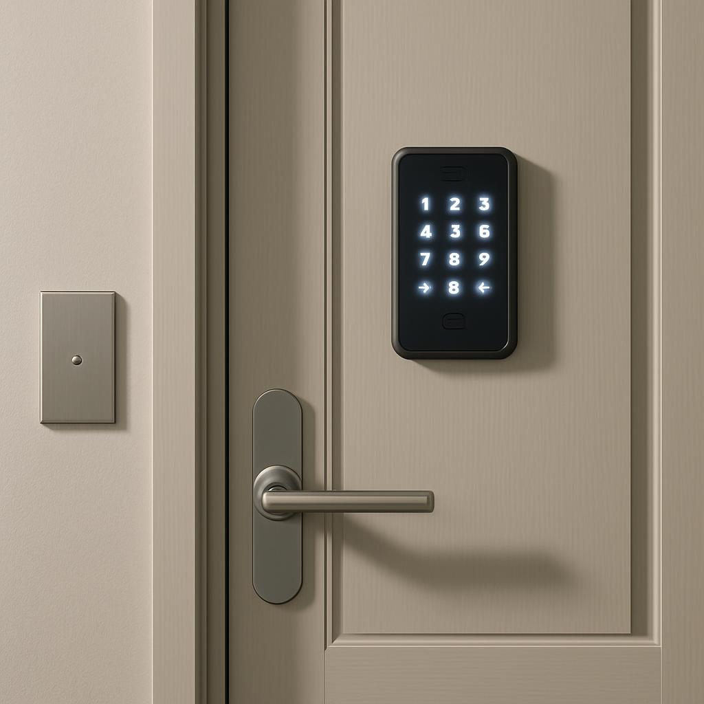 The image shows a door with a digital lock and an intercom system. * A door + The door is off-white or beige in color. + I...