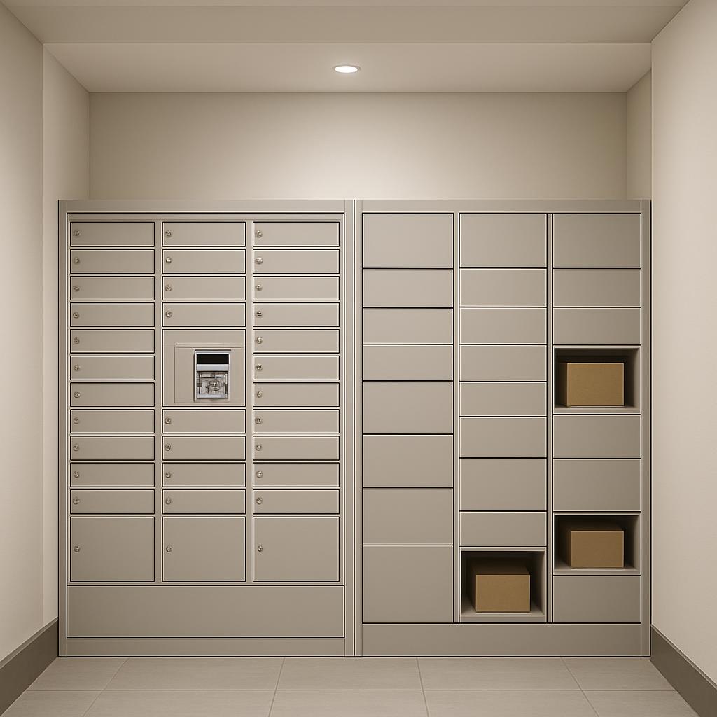 Here is the alt text for the image. Mail sorting multiple individual size metal mailboxes in a white room with boxes and l...