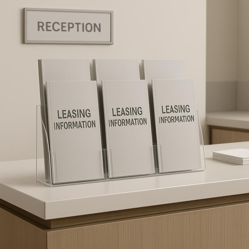 Three pamphlets are arranged in a plastic dispenser with the words "LEASING INFORMATION" printed in bold black text, sitti...