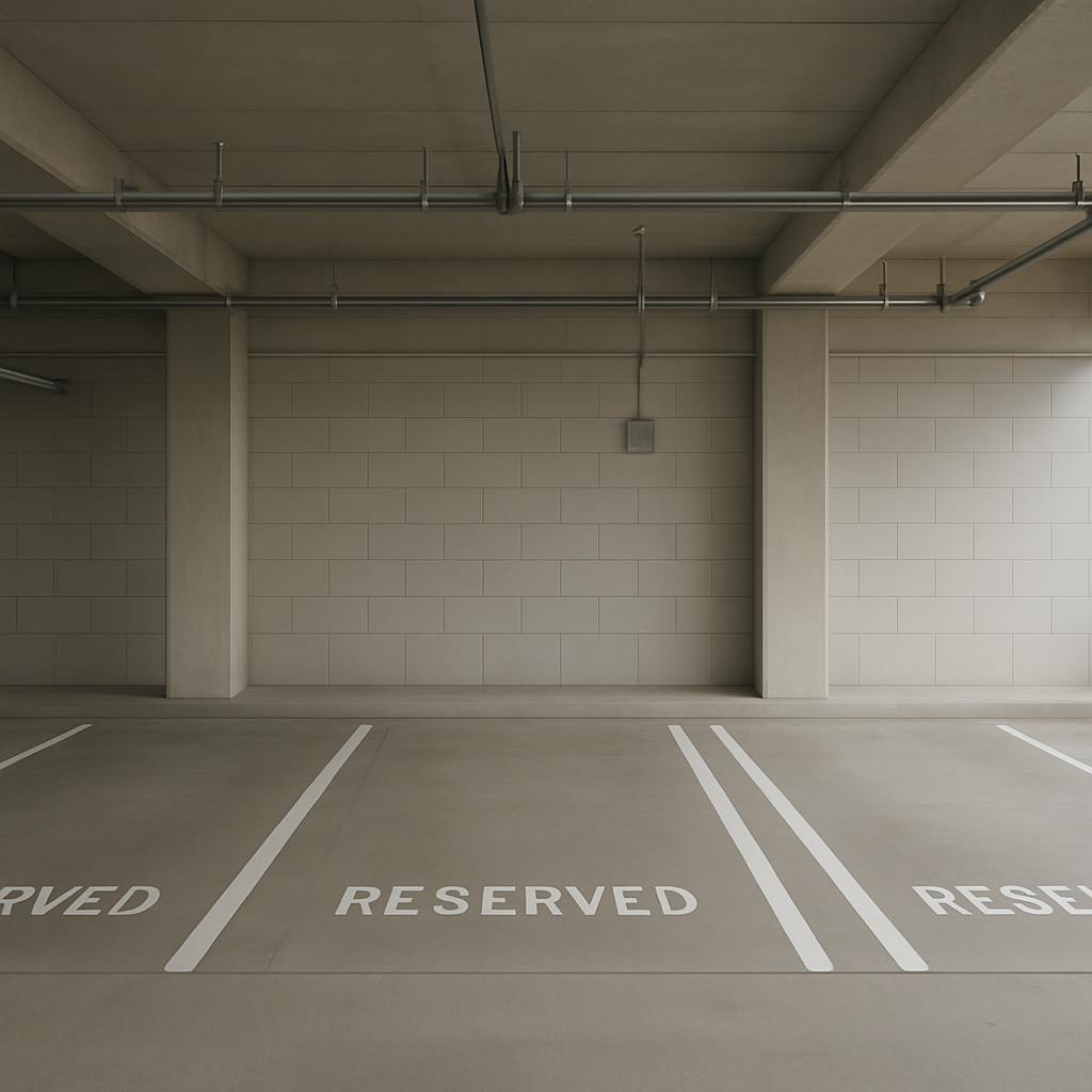 A parking garage with three 'reserved' parking spaces.